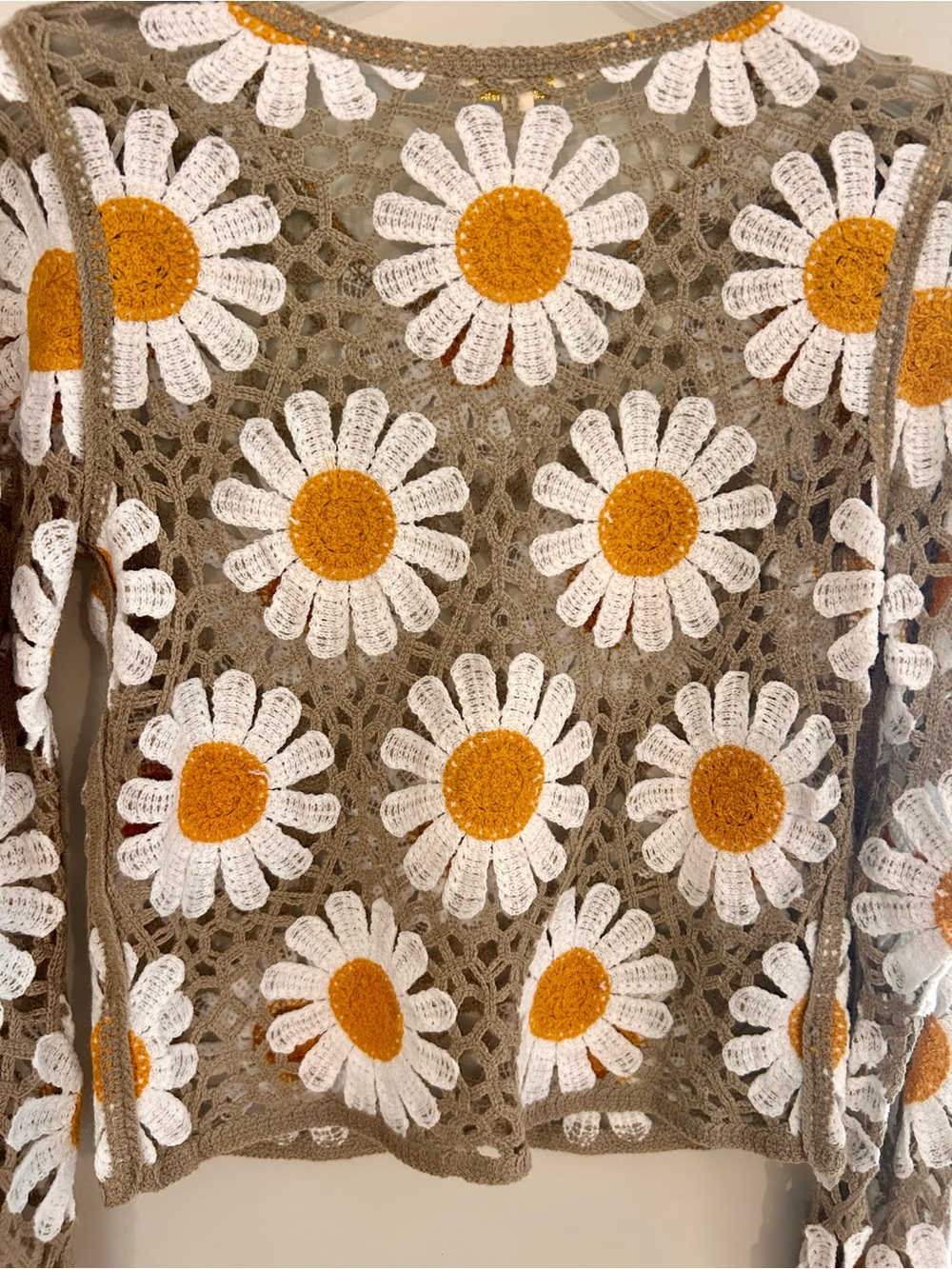 Rebellion Crochet Daisy Long-Sleeve Top in Brown, White & Gold - Picture 3 of 4